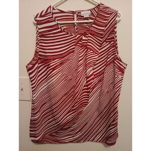 Liz Claiborne Womens XL Red White Abstract Stripe Sleeveless Draped Blouse Top